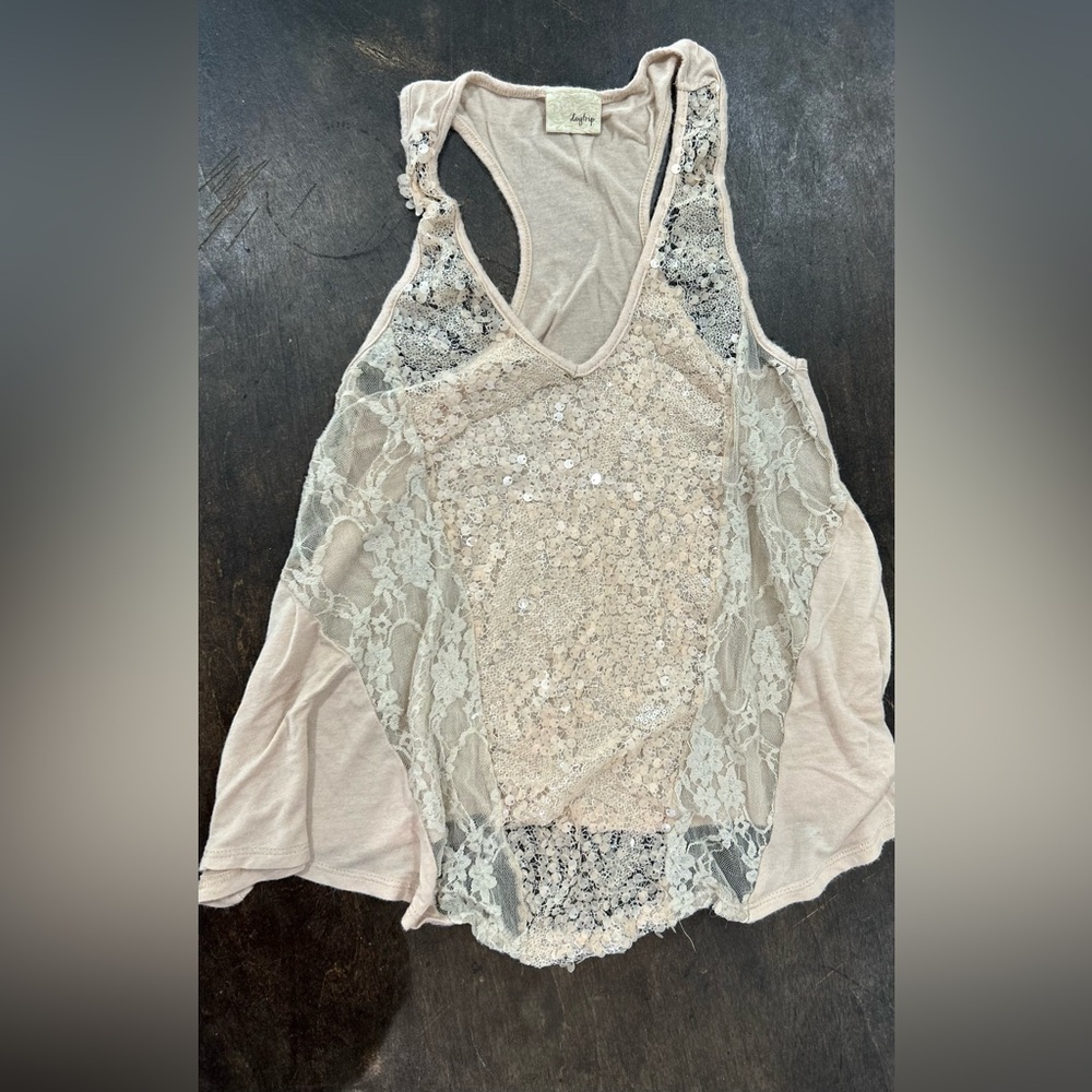 Daytrip Beige Lace Sequin Tank Top